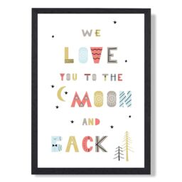 ARTZE Cute Love you to the Moon Scandi Quote Framed Print SIZE: A2 with Black Frame in Pale Blue - Size: A4 - thumbnail 1