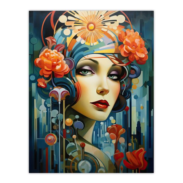 "Artery8 Metropolis Art Deco Woman Portrait With Flowers Artwork Bold Bright Extra Large XL Unframed Wall Art Poster Print - Size: W24"" x H32""" - image 1