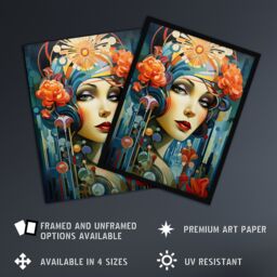 "Artery8 Metropolis Art Deco Woman Portrait With Flowers Artwork Bold Bright Extra Large XL Unframed Wall Art Poster Print - Size: W24"" x H32""" - thumbnail 2