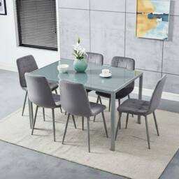 KOSY KOALA Grey Glass Dining Table set with 6 Grey velvet chairs Furniture - Size: 120 cm x 70 cm - thumbnail 1