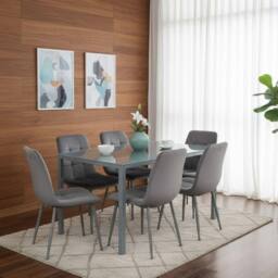 KOSY KOALA Grey Glass Dining Table set with 6 Grey velvet chairs Furniture - Size: 120 cm x 70 cm - thumbnail 2