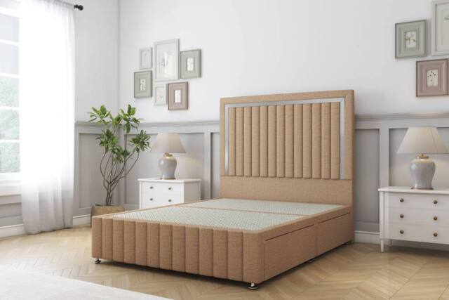 "Sloomy Boston Chrome Dumfries Divan Base 4 Drawers-26"" Headboard- Footboard in Light Brown - Size: Small Double" - image 1
