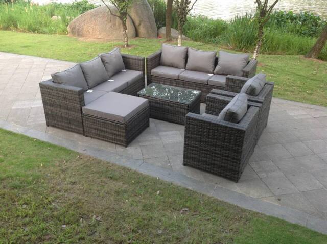 Fimous Outdoor Rattn Garden Furniture Sofa Set Rectangular Coffee Table Lounge Sofa Chair Footstool Converstory in Dark Grey - image 1