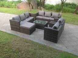 Fimous Outdoor Rattn Garden Furniture Sofa Set Rectangular Coffee Table Lounge Sofa Chair Footstool Converstory in Dark Grey - thumbnail 1