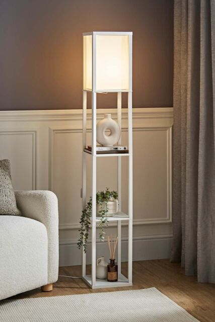 ValueLights Struttura Wooden Shelving Floor Lamp with Fabric Shade in White - image 1