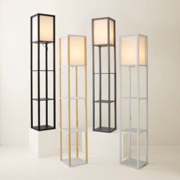 ValueLights Struttura Wooden Shelving Floor Lamp with Fabric Shade in White - thumbnail 8