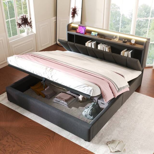 Merax Grey Upholstered Hydraulic Storage Bed with Charging Headboard - Size: King - image 1