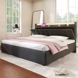 Merax Grey Upholstered Hydraulic Storage Bed with Charging Headboard - Size: King - thumbnail 8