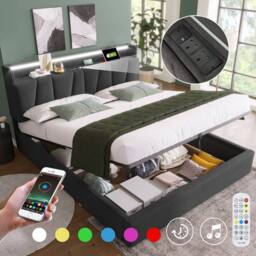 Merax Grey Upholstered Hydraulic Storage Bed with Charging Headboard - Size: King - thumbnail 9