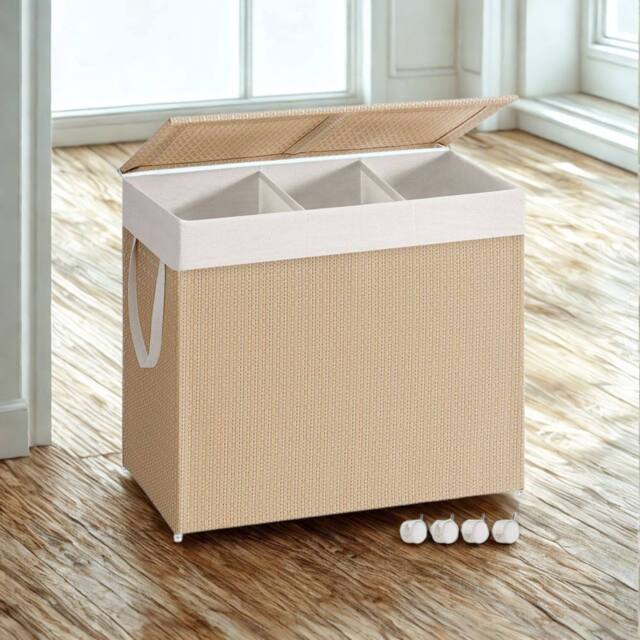 Pirlo Plush 140L Triple Laundry Basket With Lid & Removable Lining in Beige - image 1