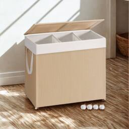 Pirlo Plush 140L Triple Laundry Basket With Lid & Removable Lining in Beige - thumbnail 3