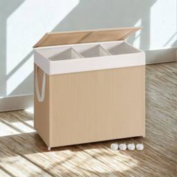 Pirlo Plush 140L Triple Laundry Basket With Lid & Removable Lining in Beige - thumbnail 5