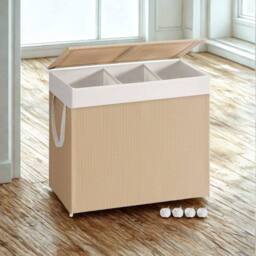 Pirlo Plush 140L Triple Laundry Basket With Lid & Removable Lining in Beige - thumbnail 1