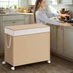 Pirlo Plush 140L Triple Laundry Basket With Lid & Removable Lining in Beige - thumbnail 2