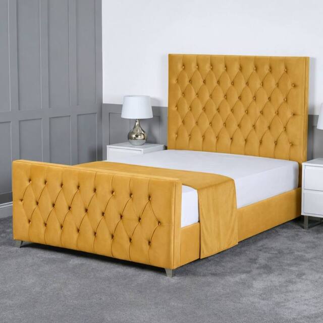 Living Comfort Bedz Vertex Plush Velvet Upholstered Bed Slatted Base with 48Inch Headboard in Mustard - Size: Double - image 1