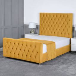 Living Comfort Bedz Vertex Plush Velvet Upholstered Bed Slatted Base with 48Inch Headboard in Mustard - Size: Double