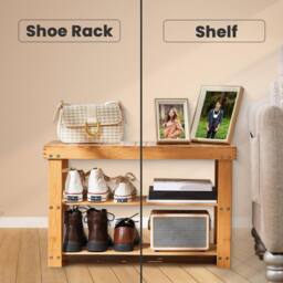 MANTRARAJ Bamboo Shoe Bench 3-Tier Shoe Rack Stand Seater Shoes Organizer Storage Shelf in Light Brown - thumbnail 2
