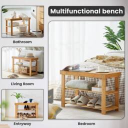 MANTRARAJ Bamboo Shoe Bench 3-Tier Shoe Rack Stand Seater Shoes Organizer Storage Shelf in Light Brown - thumbnail 4