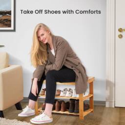 MANTRARAJ Bamboo Shoe Bench 3-Tier Shoe Rack Stand Seater Shoes Organizer Storage Shelf in Light Brown - thumbnail 8