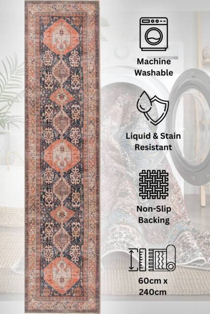 Kukoon Washable Runner Rug Navy Traditional Long Hallway Carpet Mat 60cm x 240cm in Terracotta - Size: 60 cm x 240 cm - image 1
