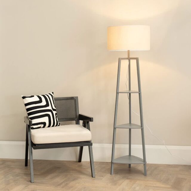ValueLights Hiru Grey 3 Tier Shelf Floor Lamp with Trim Linen Drum Shade & Bulb in White - image 1