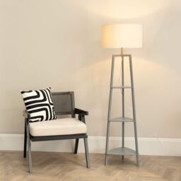 ValueLights Hiru Grey 3 Tier Shelf Floor Lamp with Trim Linen Drum Shade & Bulb in White - thumbnail 1