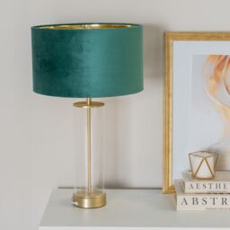 ValueLights Balan Glass with Gold Table Lamp & Velvet with Gold Inner Shade & LED Bulb in Bottle Green - thumbnail 3