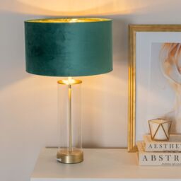 ValueLights Balan Glass with Gold Table Lamp & Velvet with Gold Inner Shade & LED Bulb in Bottle Green - thumbnail 1