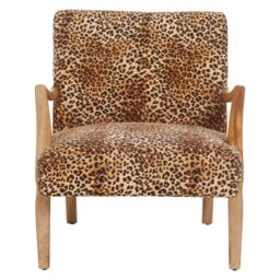 Orsina Leopard Print Velvet Chair, Upholstered Mango Wood Armchair, Bold Curved Accent Chair For Living Room in Brown - thumbnail 1