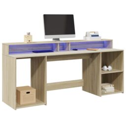 Berkfield Home Desk with LED Lights Sonoma Oak 200x55x91 cm Engineered Wood in Brown - Size: 200 x 55 x 91 cm - thumbnail 1