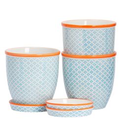 Nicola Spring Hand-Printed Plant Pots with Saucers - 20.5cm - Pack of 3 in Blue - thumbnail 1