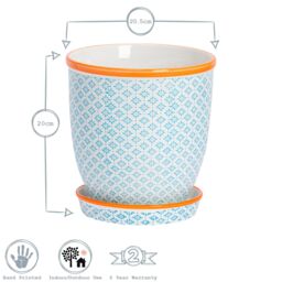 Nicola Spring Hand-Printed Plant Pots with Saucers - 20.5cm - Pack of 3 in Blue - thumbnail 3
