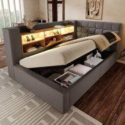 Merax 3FT Upholstered Storage Daybed Single Bed with LED & USB in Grey - thumbnail 1