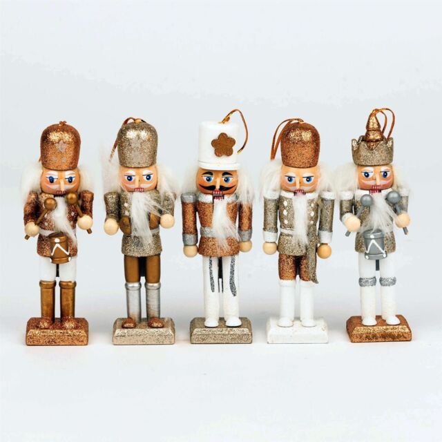 Shatchi 13cm Wooden Nutcrackers Figures Christmas Ornament 5Pcs Set Gold, Silver, White - image 1