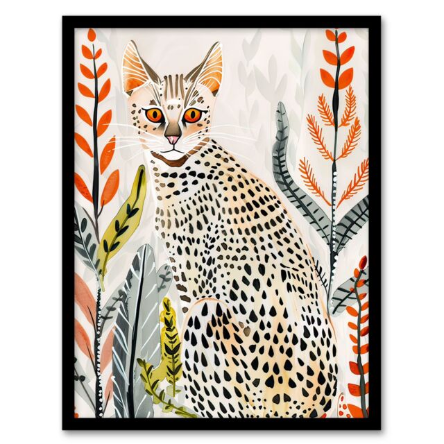 "Artery8 Savannah Cat Lover Boho Botanical Pet Portrait Framed Wall Art in Light Grey - Size: W12"" x H16""" - image 1