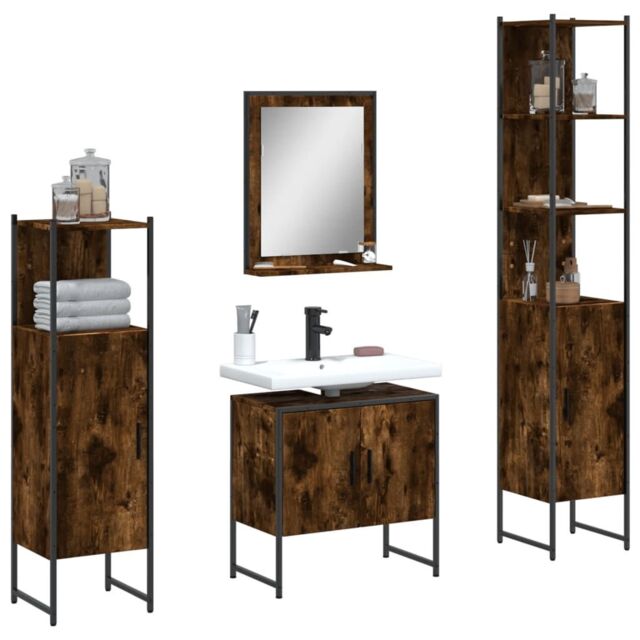 Berkfield Home 4 Piece Bathroom Cabinet Set Smoked Oak Engineered Wood in Brown - image 1