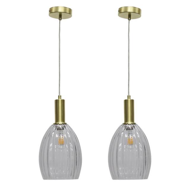 First Choice Lighting Set of 2 Birch - Clear Fluted Glass Satin Brass Deco Pendant Fittings - image 1