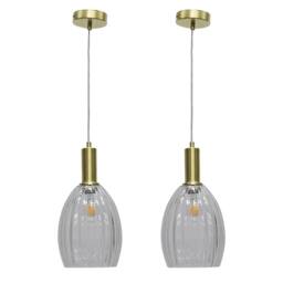 First Choice Lighting Set of 2 Birch - Clear Fluted Glass Satin Brass Deco Pendant Fittings - thumbnail 1