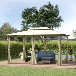 OUTSUNNY 4m x 3(m) Outdoor 2-Tier Steel Frame Gazebo w/ Curtains Outdoor Garden in Beige - thumbnail 1