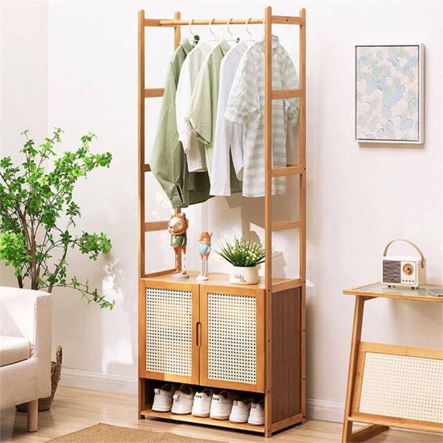Nordara Bamboo Garment Rail Clothes Rack Storage Closet Shelf in Beige - image 1