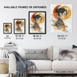 "Artery8 Otaku Female Samurai Watercolour Portrait Framed Art Print in Beige - Size: W12"" x H16""" - thumbnail 3