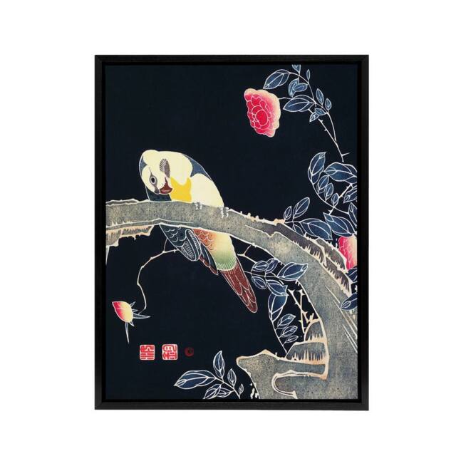 "Artery8 Parrot on Rose Flower Bush Japanese Framed Canvas Wall Art Print Jakuchu - Size: W12"" x H16""" - image 1