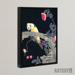 "Artery8 Parrot on Rose Flower Bush Japanese Framed Canvas Wall Art Print Jakuchu - Size: W12"" x H16""" - thumbnail 2
