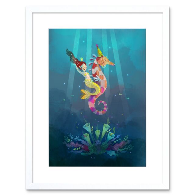 "Artery8 Wall Art Print Mermaid Seahorse Yellow Framed Art in White - Size: W7"" x H9""" - image 1