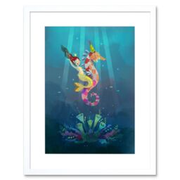 "Artery8 Wall Art Print Mermaid Seahorse Yellow Framed Art in White - Size: W7"" x H9"""