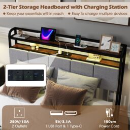 Gymax King Bed Frame With LED Light & Charging Station Upholstered Platform Bed in Black - thumbnail 5