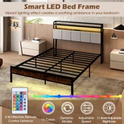 Gymax King Bed Frame With LED Light & Charging Station Upholstered Platform Bed in Black - thumbnail 4