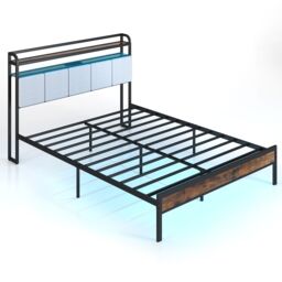 Gymax King Bed Frame With LED Light & Charging Station Upholstered Platform Bed in Black