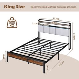 Gymax King Bed Frame With LED Light & Charging Station Upholstered Platform Bed in Black - thumbnail 2