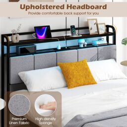 Gymax King Bed Frame With LED Light & Charging Station Upholstered Platform Bed in Black - thumbnail 3